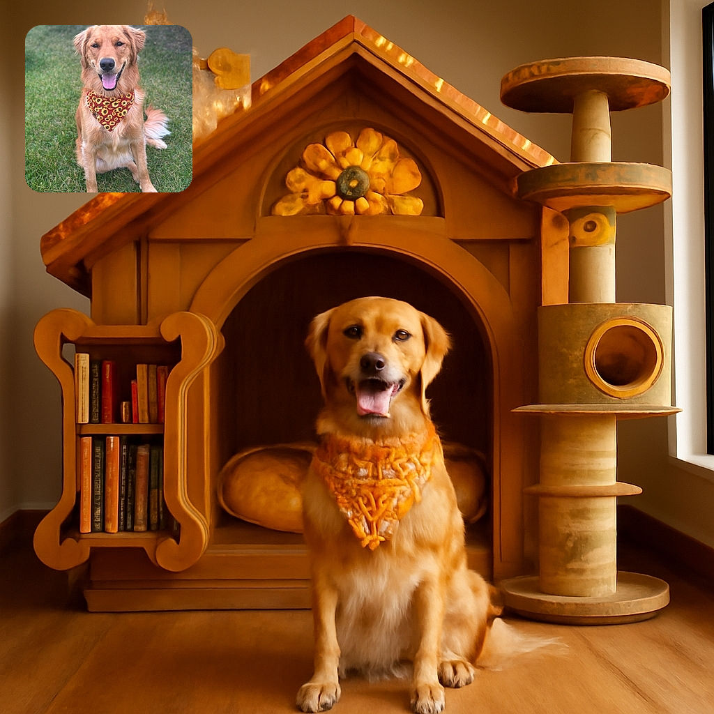 A happy golden retriever sits on the grass with a bright sunflower-patterned bandana, tongue out and eyes squinting in a joyful smile, perfectly capturing a sunny day vibe.