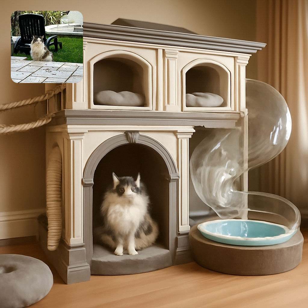 A fluffy cat sits majestically on the grass near a black plastic chair in a garden with lush green plants and a tiled patio foreground, looking like the true ruler of this outdoor kingdom.