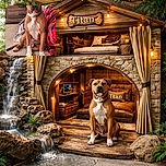 A handsome brown and white dog sits attentively on a tiled floor next to a cozy red and black plaid blanket draped over furniture. The background shows a rustic wooden cabinet and some colorful items, creating a warm and lived-in vibe.