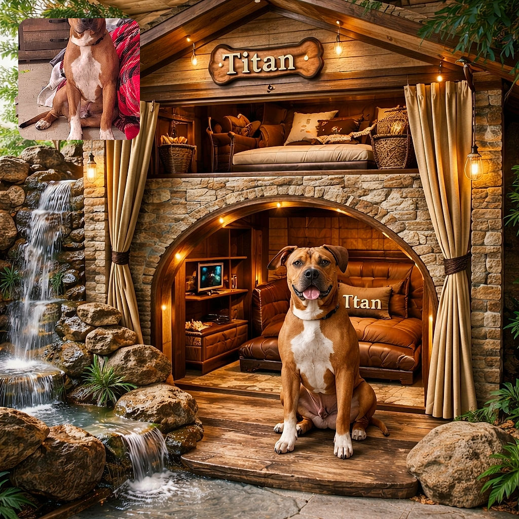 A handsome brown and white dog sits attentively on a tiled floor next to a cozy red and black plaid blanket draped over furniture. The background shows a rustic wooden cabinet and some colorful items, creating a warm and lived-in vibe.