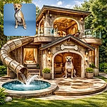 A happy dog with a tan and white coat sits obediently on a smooth blue backdrop, tongue out and ears perked, looking ready for a treat or a belly rub.