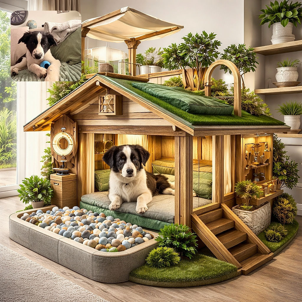 A mischievous black-and-white puppy lounges on a plush couch, gripping a blue toy like it's guarding a treasure. Cozy blankets, pillows and wall decor (clock, globe, 'HOME' letters) frame the scene — a perfect blend of sleepy charm and chew-toy determination.