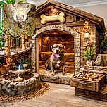 A muddy dog sits patiently inside a cage filled with straw, looking up with soulful eyes that say 'I just had a mud spa day!' The close-up shot captures the texture of the dirt on its face and the cozy, rustic environment around it.