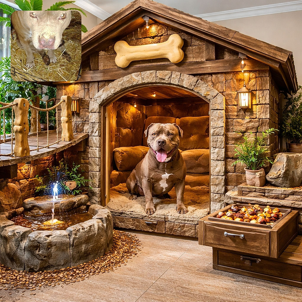 A muddy dog sits patiently inside a cage filled with straw, looking up with soulful eyes that say 'I just had a mud spa day!' The close-up shot captures the texture of the dirt on its face and the cozy, rustic environment around it.