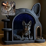 A curious French Bulldog puppy with striking blue eyes and large ears sits on a soft gray blanket, looking up with an innocent and slightly puzzled expression, while a human arm rests in the background.