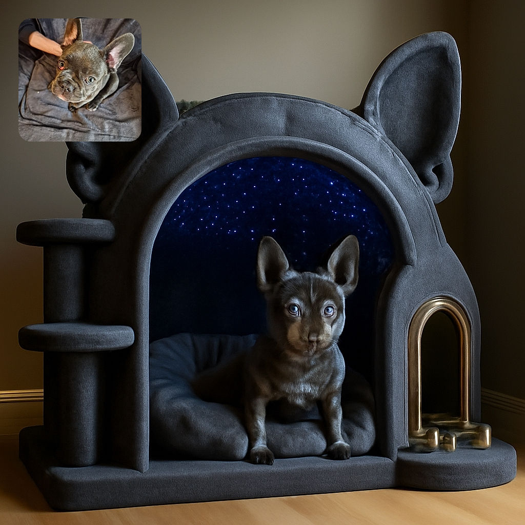 A curious French Bulldog puppy with striking blue eyes and large ears sits on a soft gray blanket, looking up with an innocent and slightly puzzled expression, while a human arm rests in the background.
