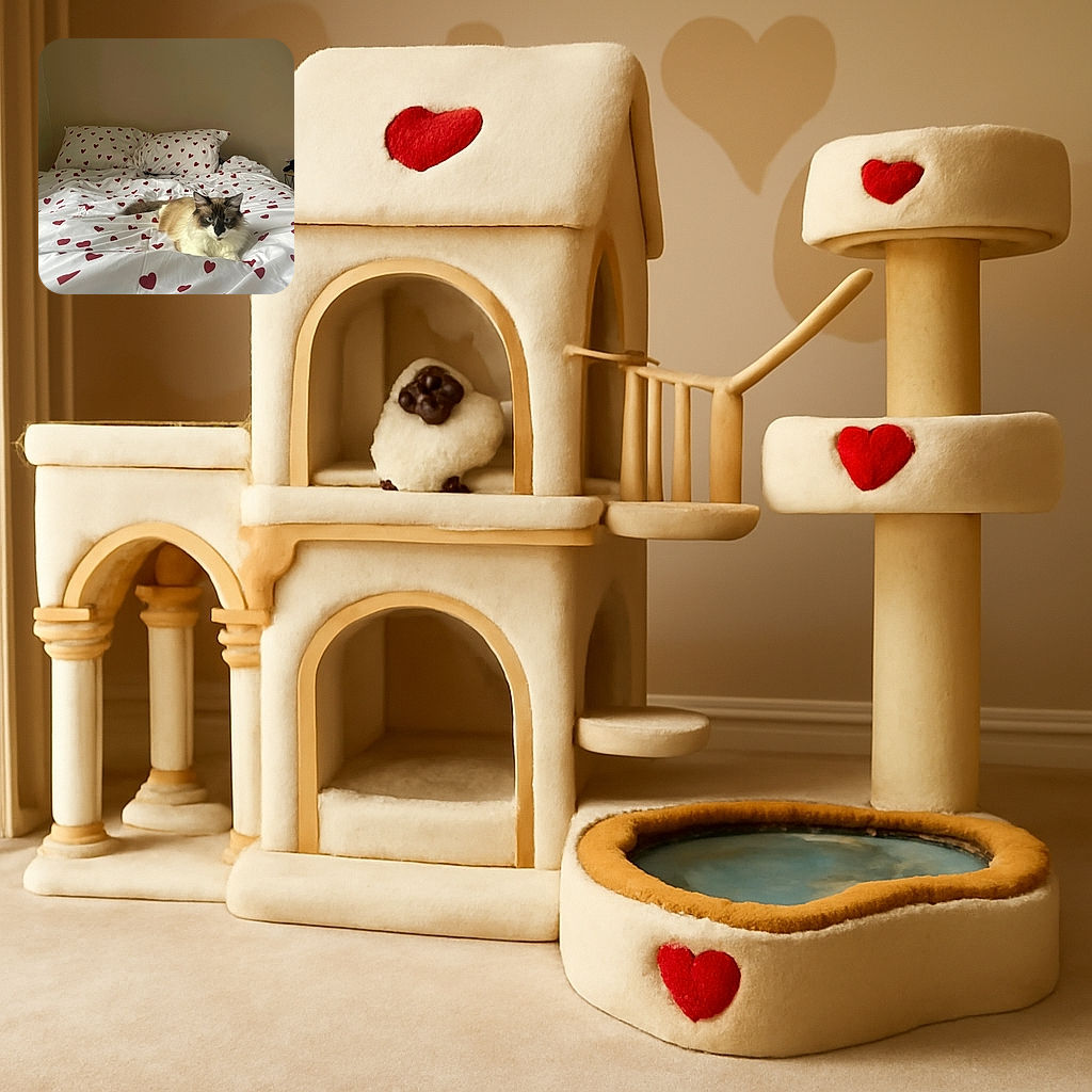 A fluffy cat with striking blue eyes lounges regally on a bed adorned with white sheets covered in red hearts, blending love and laziness in perfect harmony against a plain beige wall.