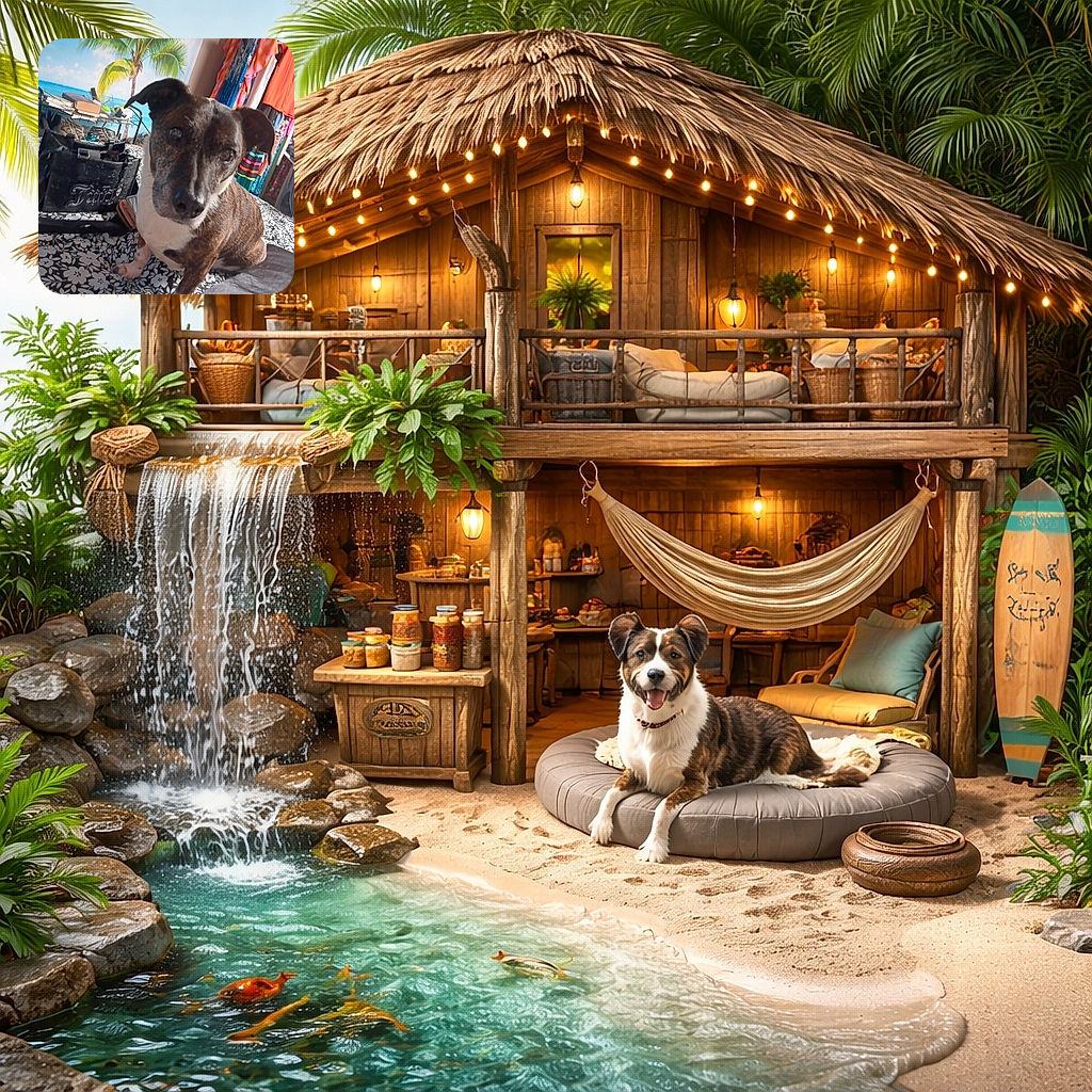 A curious brindle dog leans into the camera like it just woke you up to demand breakfast; tropical palm tapestry, a messy purse and colorful clothes form a chaotic but cozy bedroom backdrop.