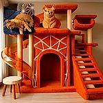 A relaxed ginger cat sprawled out on a textured blue couch, with a stylish geometric pillow in the background, looking curiously at something off-camera.