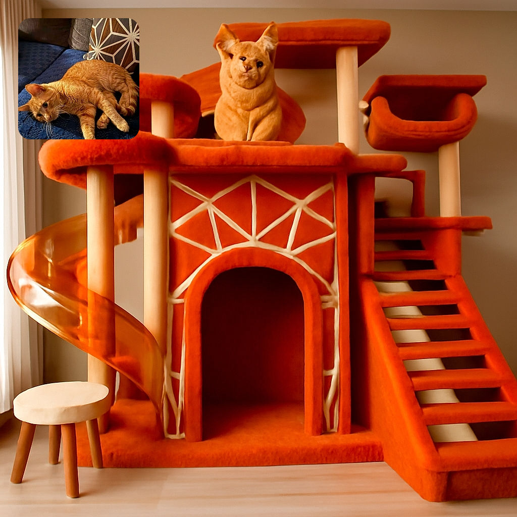 A relaxed ginger cat sprawled out on a textured blue couch, with a stylish geometric pillow in the background, looking curiously at something off-camera.