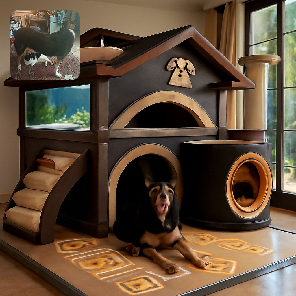 A cozy indoor scene where a large black and white dog stands protectively over a relaxed black and white cat lying on a patterned rug, surrounded by everyday household items in a softly lit room.