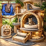 A cozy tabby cat is comfortably curled up inside a bright blue Crivit bag, looking directly at the camera with a slightly serious expression. The scene is set indoors near a window with a view of greenery outside, adding a calm and natural vibe to the photo.
