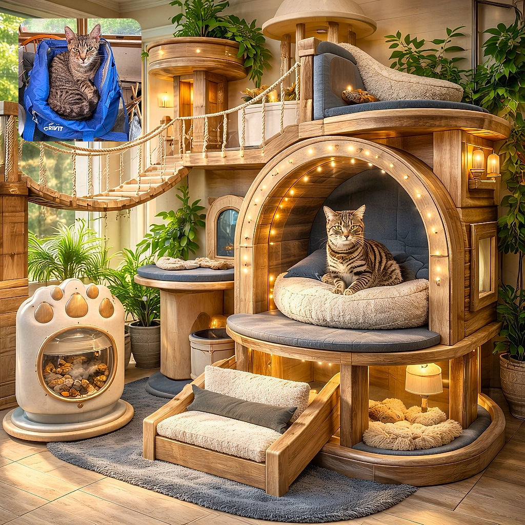 A cozy tabby cat is comfortably curled up inside a bright blue Crivit bag, looking directly at the camera with a slightly serious expression. The scene is set indoors near a window with a view of greenery outside, adding a calm and natural vibe to the photo.