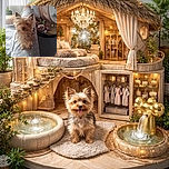 A fluffy small dog stands confidently on a cozy blanket with stars, draped over a couch. The background shows a hanging wicker chair and a collection of colorful dog toys scattered on a round mat, creating a warm and playful living room vibe.