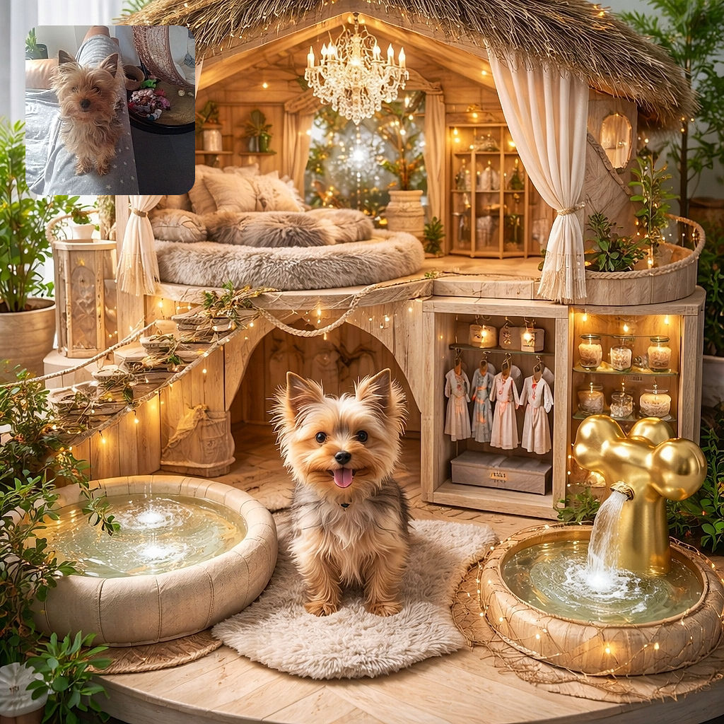 A fluffy small dog stands confidently on a cozy blanket with stars, draped over a couch. The background shows a hanging wicker chair and a collection of colorful dog toys scattered on a round mat, creating a warm and playful living room vibe.