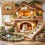 A fluffy, golden-brown dog lies flat on a wooden floor with its paws stretched forward and head resting between them, looking adorably sleepy or contemplative in a cozy indoor setting.
