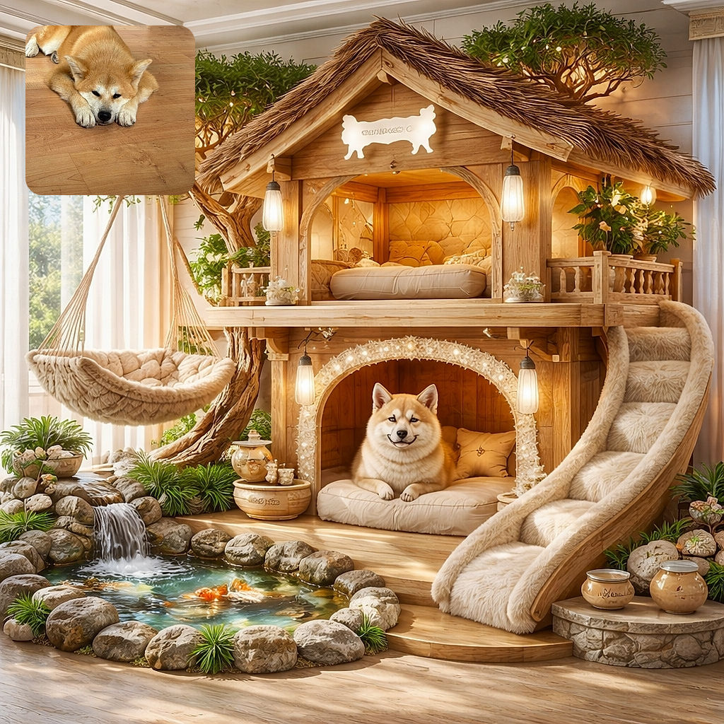A fluffy, golden-brown dog lies flat on a wooden floor with its paws stretched forward and head resting between them, looking adorably sleepy or contemplative in a cozy indoor setting.