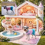 A small dog wearing a pink shirt and a blue tutu skirt stands on a concrete surface with a grassy background, looking curiously at the camera with a slightly scruffy face.