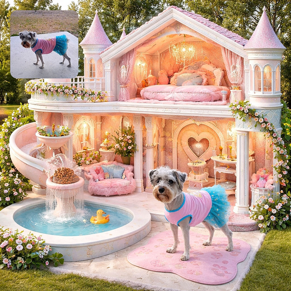 A small dog wearing a pink shirt and a blue tutu skirt stands on a concrete surface with a grassy background, looking curiously at the camera with a slightly scruffy face.