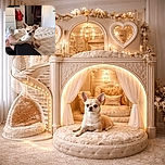 A small tan and white Chihuahua lounges comfortably on a fluffy cream-colored blanket, resting its paw on a person's leg clad in black leggings. The cozy indoor setting includes a white dresser, a red bag on a wooden shelf, and a partially open door revealing a sink in the background.
