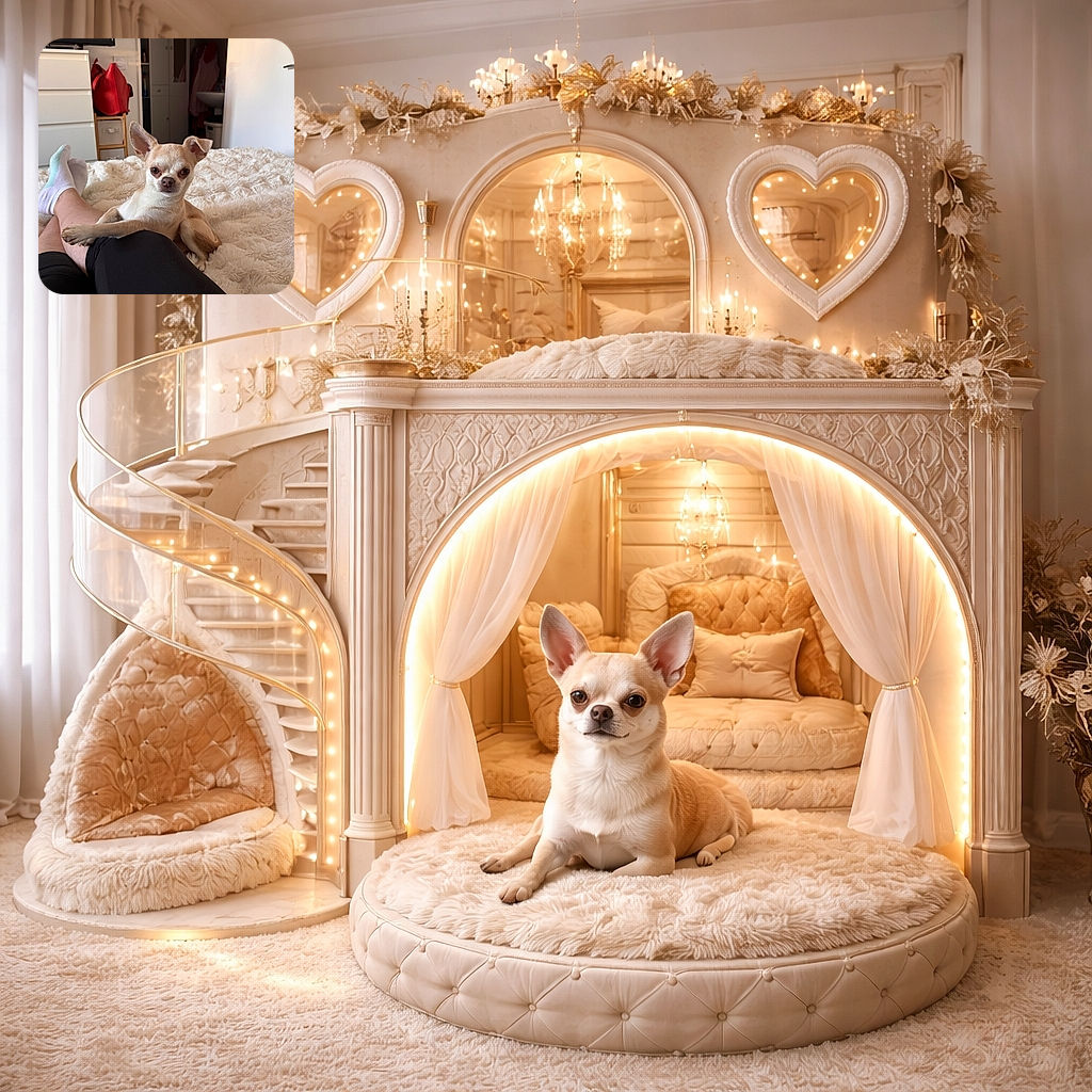 A small tan and white Chihuahua lounges comfortably on a fluffy cream-colored blanket, resting its paw on a person's leg clad in black leggings. The cozy indoor setting includes a white dresser, a red bag on a wooden shelf, and a partially open door revealing a sink in the background.