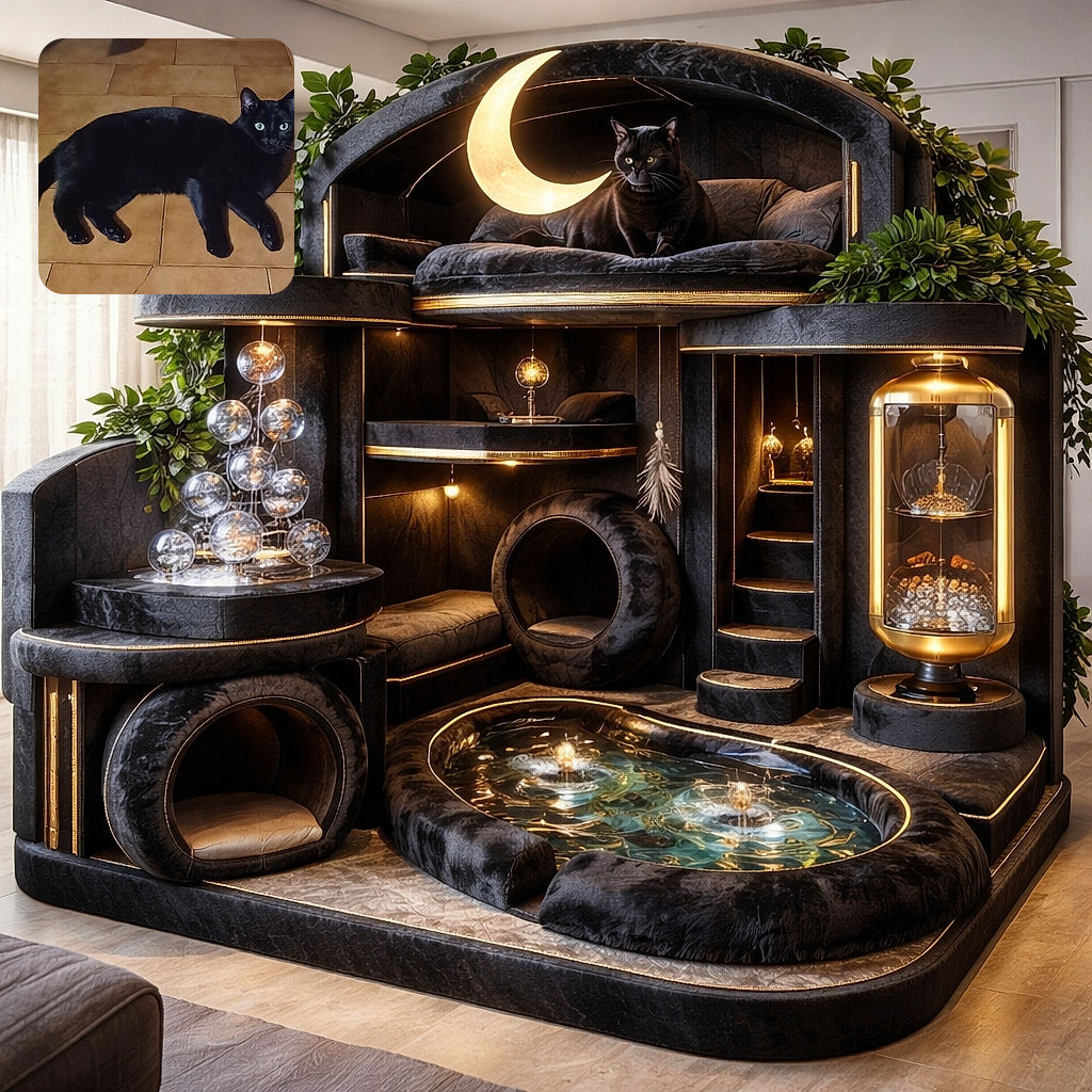 A chonky black cat is dramatically sprawled on warm brown tiles, staring with huge green eyes as if interrupting your important plans. Its glossy fur soaks up the light, paws splayed and tail curled — equal parts loaf and tiny panther, with a suspiciously regal attitude.