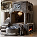 A curious gray kitten lounges comfortably on a soft, carpeted cat tree, peeking out with wide, attentive eyes as if plotting its next playful adventure in the cozy home kitchen background.