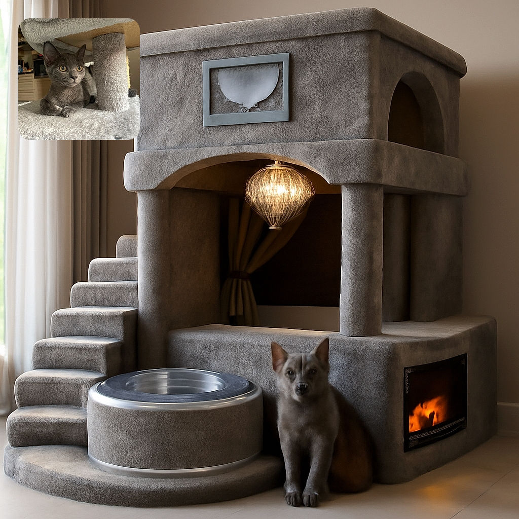 A curious gray kitten lounges comfortably on a soft, carpeted cat tree, peeking out with wide, attentive eyes as if plotting its next playful adventure in the cozy home kitchen background.