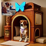 A calm dog wearing a harness lounges on a cozy blanket while a whimsical blue butterfly rests on its nose, surrounded by sparkling snowflake effects that add a magical touch to the indoor scene.