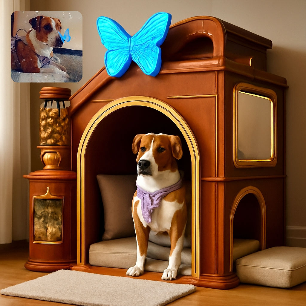A calm dog wearing a harness lounges on a cozy blanket while a whimsical blue butterfly rests on its nose, surrounded by sparkling snowflake effects that add a magical touch to the indoor scene.