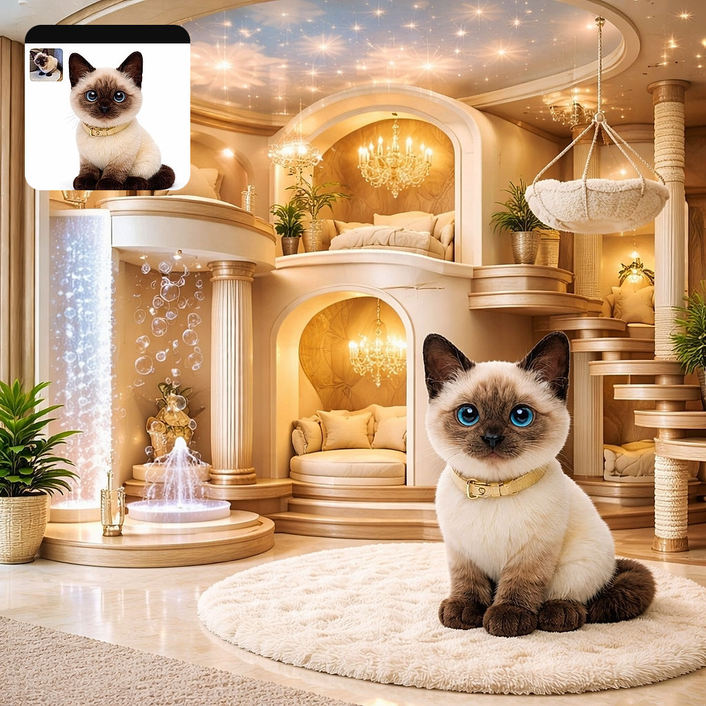 A ridiculously photogenic Siamese kitten stares straight into the camera with enormous blue eyes and a tiny golden collar, sitting on a seamless white studio background. A smaller thumbnail of the same cat peeks from the upper-left like an embarrassed twin, and a turquoise "www.kingpet.fr" tag anchors the bottom like a cheeky caption from the internet.