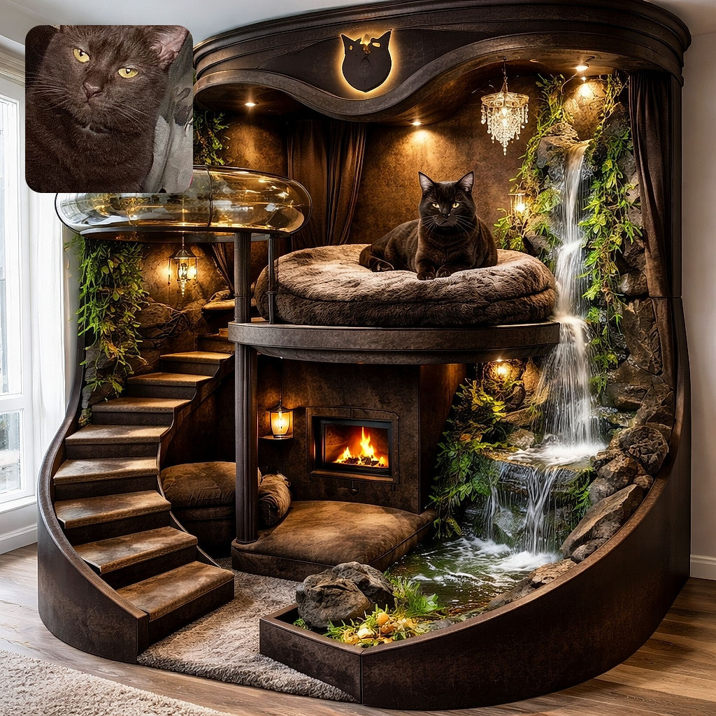 A dignified dark-brown cat loaf stares directly at the camera with glowing yellow eyes and a hint of judgment, nestled against quilted fabric and a pink-trimmed carrier — complete with a floating 'Crop' button in the corner as if the universe itself is asking to be edited.