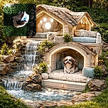 A scruffy dog with a face mask draped over its head lounges on lush green grass next to a pile of rocks, looking like it's ready for a quirky outdoor adventure or a new fashion statement.