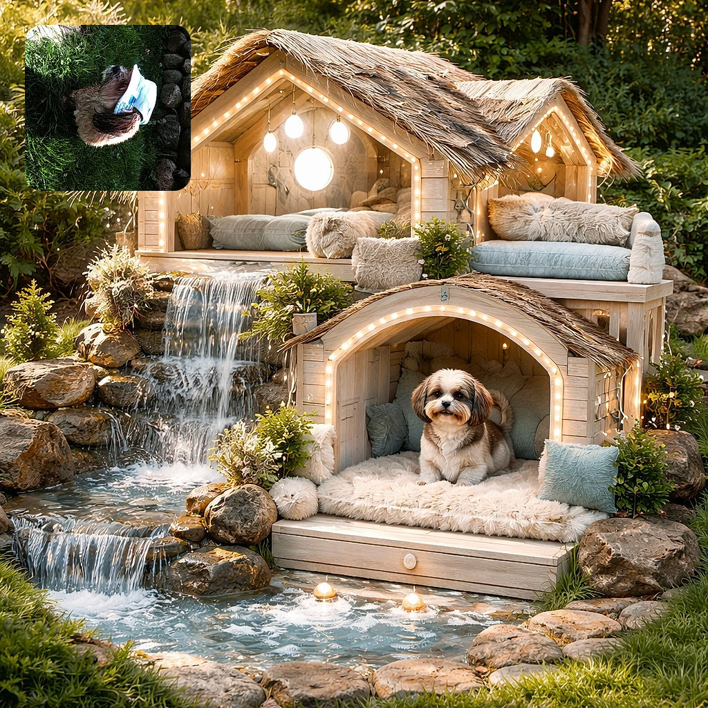 A scruffy dog with a face mask draped over its head lounges on lush green grass next to a pile of rocks, looking like it's ready for a quirky outdoor adventure or a new fashion statement.