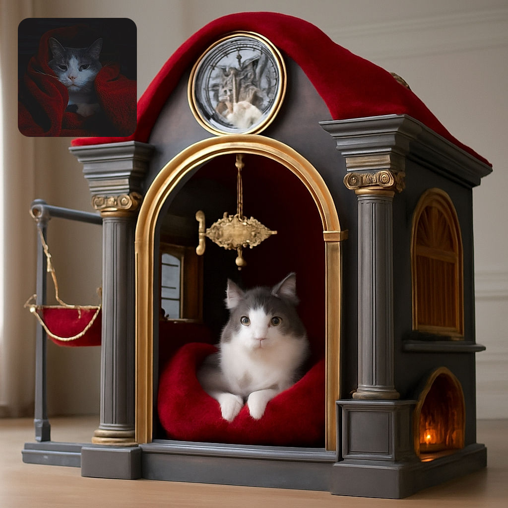 A cozy cat wrapped snugly in a deep red blanket, staring with a calm and slightly sleepy expression in a dimly lit room, evoking a sense of warmth and quiet comfort.