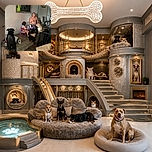 A wonderfully chaotic living-room gathering where a shirtless man presides over a tiny tea party while several dogs and one curious cat form an unofficial committee around him. The giant black dog in the foreground appears to be the bouncer, and the other pets look ready to negotiate snack distribution.
