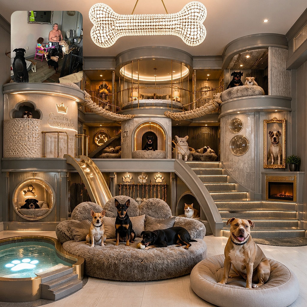 A wonderfully chaotic living-room gathering where a shirtless man presides over a tiny tea party while several dogs and one curious cat form an unofficial committee around him. The giant black dog in the foreground appears to be the bouncer, and the other pets look ready to negotiate snack distribution.