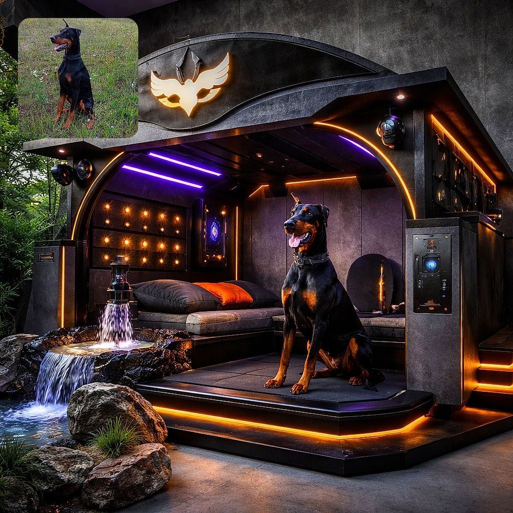 A proud Doberman sits alert in a wildflower meadow, tongue out and ears perked, soaking up the great outdoors with a regal pose and a shiny black-and-tan coat.