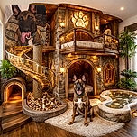 A happy dog with large ears and tongue hanging out is sitting on a patterned blanket inside a cozy room, looking like it's ready for some fun or a big yawn.