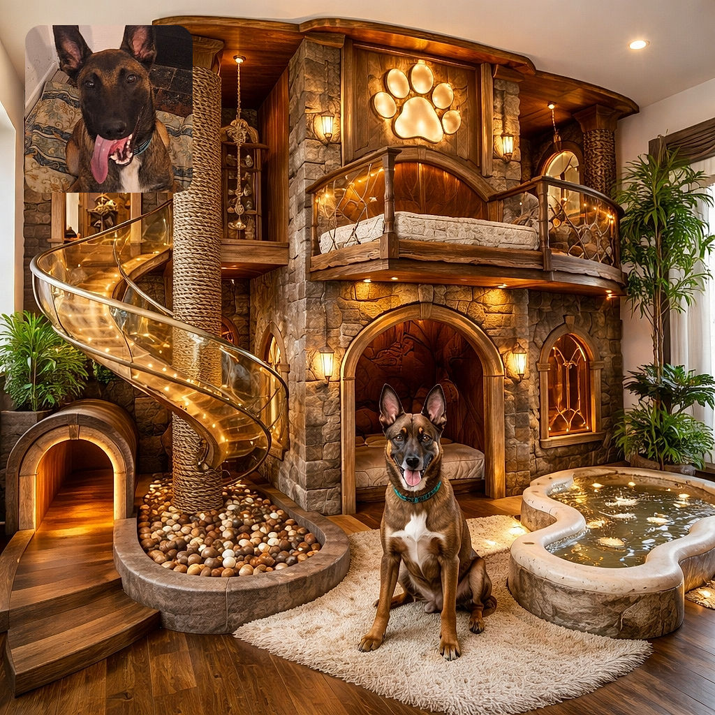 A happy dog with large ears and tongue hanging out is sitting on a patterned blanket inside a cozy room, looking like it's ready for some fun or a big yawn.