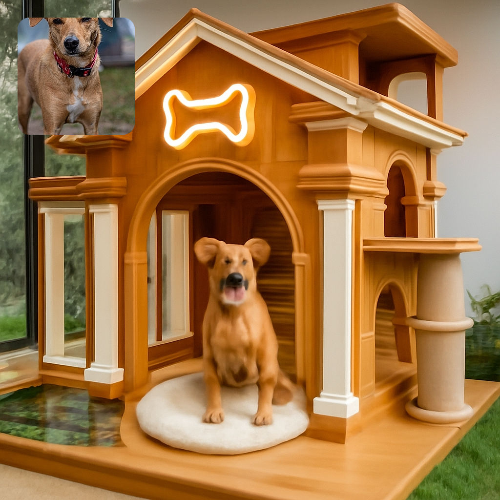A focused and clear photo of a tan dog with a red collar standing outdoors on a slightly blurred grassy background, giving a calm and attentive look to the camera.