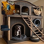 A blurry photo of a curious dog looking up at the camera indoors, standing on a wooden floor with a blanket and some household items scattered around.