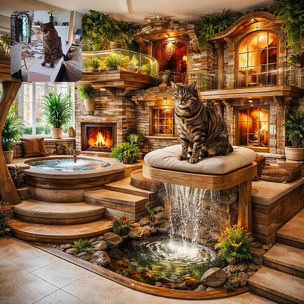A curious tabby cat with wide eyes sits majestically on a white ledge inside a cozy living room with exposed brick walls, wooden furniture, and plants reflected in a tall mirror.