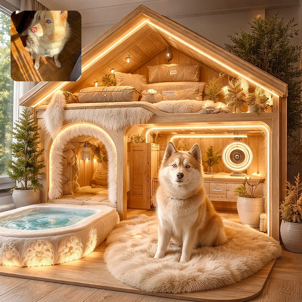 A fluffy dog with striking blue eyes sits patiently on a sunlit wooden floor, casting soft shadows from the nearby furniture. The dog looks attentively to the side, basking in the warm indoor light, with a small toy sausage lying nearby, ready for playtime.