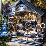 A fluffy, wide-eyed puppy with a blue harness looks adorably curious while lounging on an outdoor chair, with a grassy yard blurred in the background.
