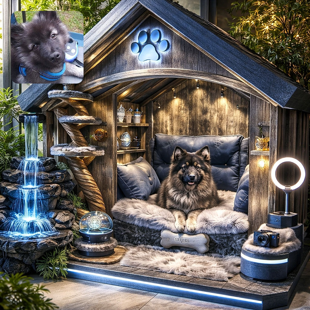 A fluffy, wide-eyed puppy with a blue harness looks adorably curious while lounging on an outdoor chair, with a grassy yard blurred in the background.