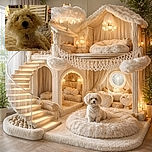 A fluffy, curly-haired dog lounges comfortably on a soft, cream-colored blanket in a cozy indoor setting, with a backdrop of bookshelves and a window letting in warm light.