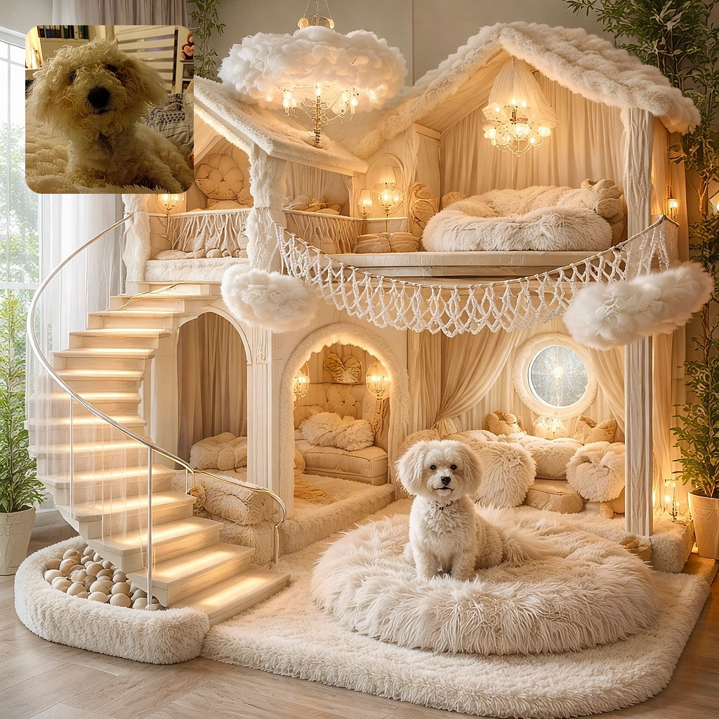 A fluffy, curly-haired dog lounges comfortably on a soft, cream-colored blanket in a cozy indoor setting, with a backdrop of bookshelves and a window letting in warm light.