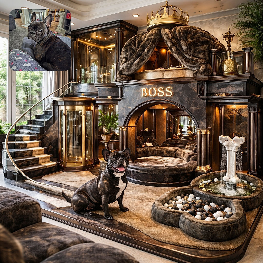 A suspiciously adorable brindle French bulldog gives the camera side-eye like it just heard you mention snacks — big bat ears up, shiny eyes locked, and a cozy human in patterned pajamas serving as the perfect couch perch.