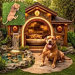 A brown dog with a pink collar is lying on a lush green lawn, looking off to the side with a relaxed expression, leash attached and ready for a walk or a chill session.